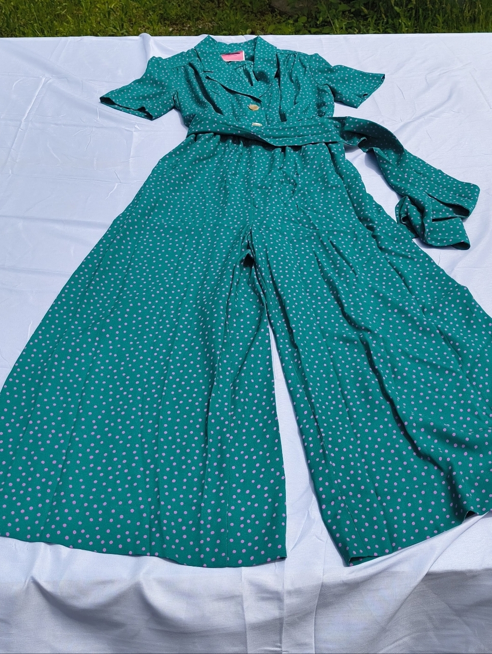 Kate Spade Green with Pink Polka Dot Belted Jumpsuit Size 00
